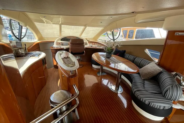Wood-finished salon aboard the Azimut 58 Fly