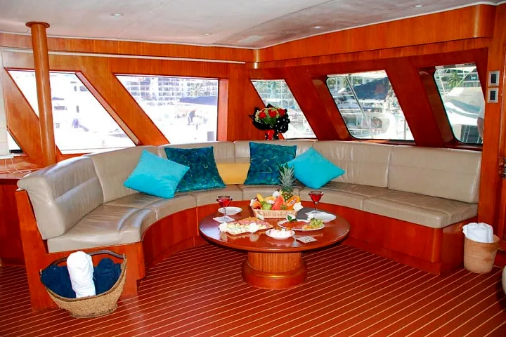 Interior seating area aboard the Custom 90