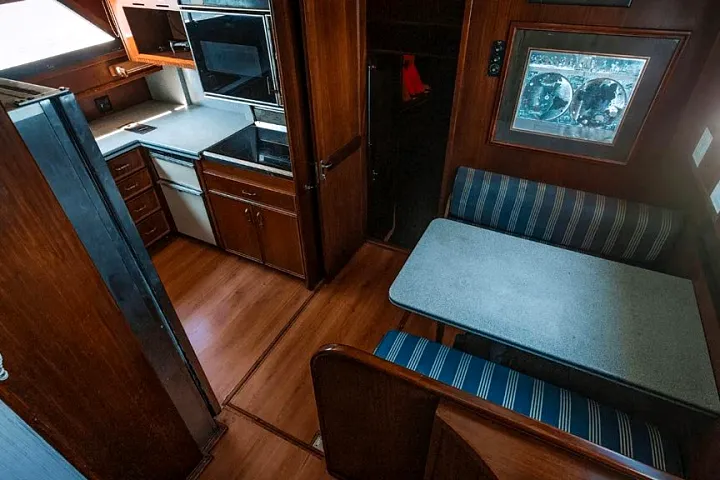 Galley and dinette aboard the Hatteras 61