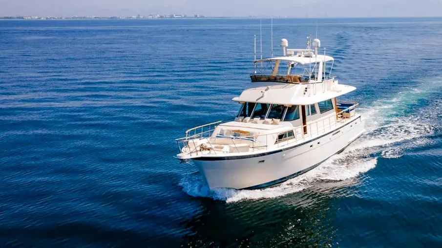 Aerial view of the Hatteras 61 cruising
